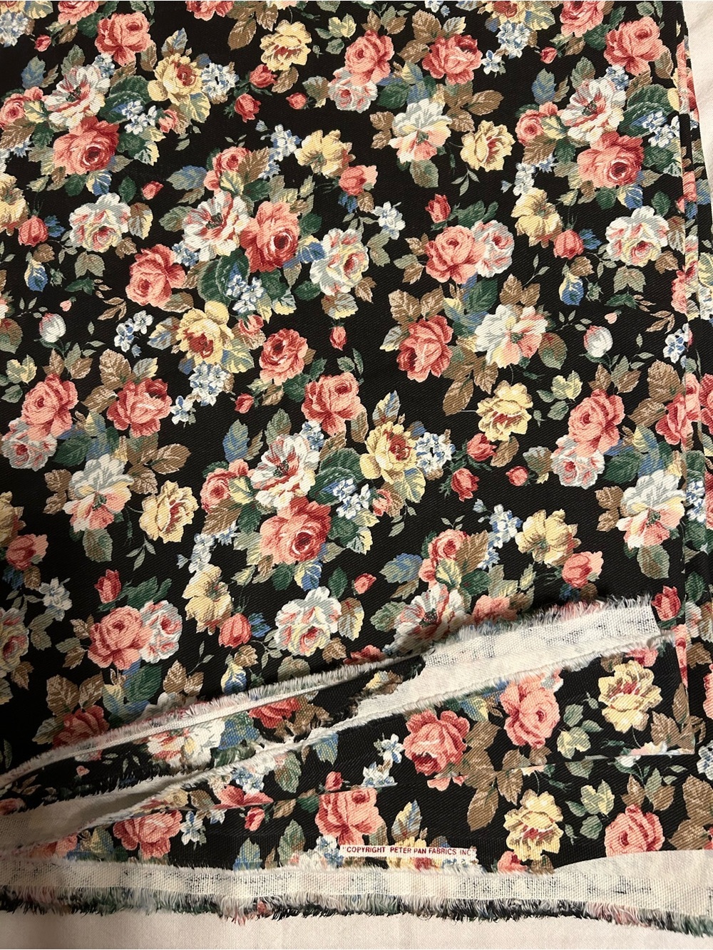 Vintage Peter Pan Fabrics Florals Black Chintz Cotton Fabric 60”x 3yds 15”